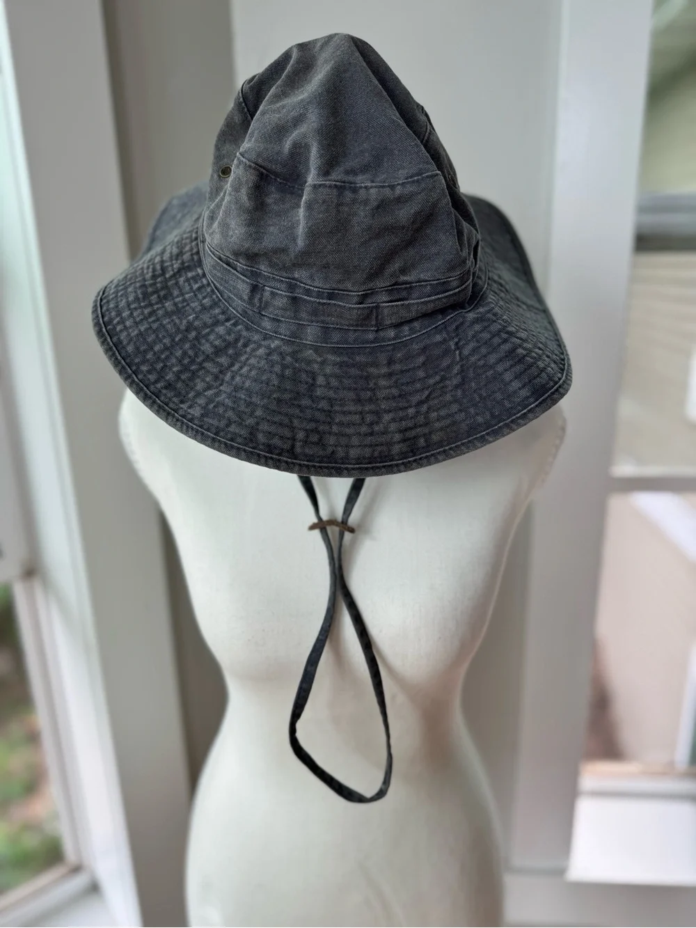 Vintage 90s Washed Black Cotton Bucket Hat Chin Strap w Leather Trim Unisex